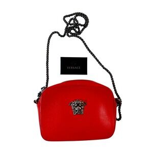 Versace Medusa Red Leather Crossbody Bag Chain Strap Small Excellent Made Italy